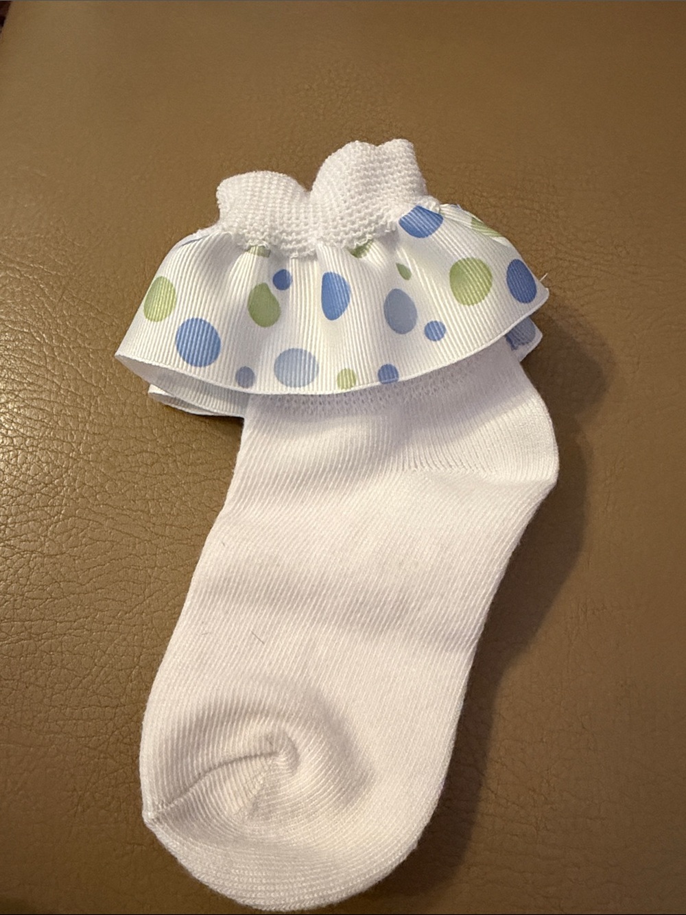 Hand Crafted White Baby Socks with Blue & Green Polka Dot Ruffle